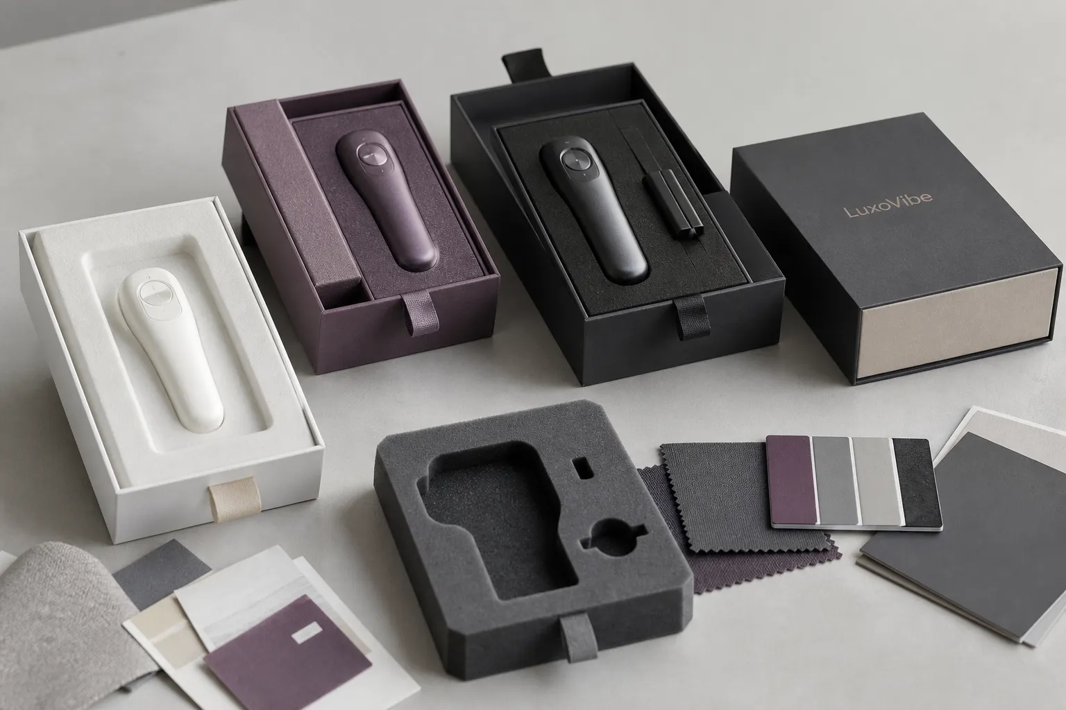 LuxoVibe packaging prototypes with materials and fitted inserts