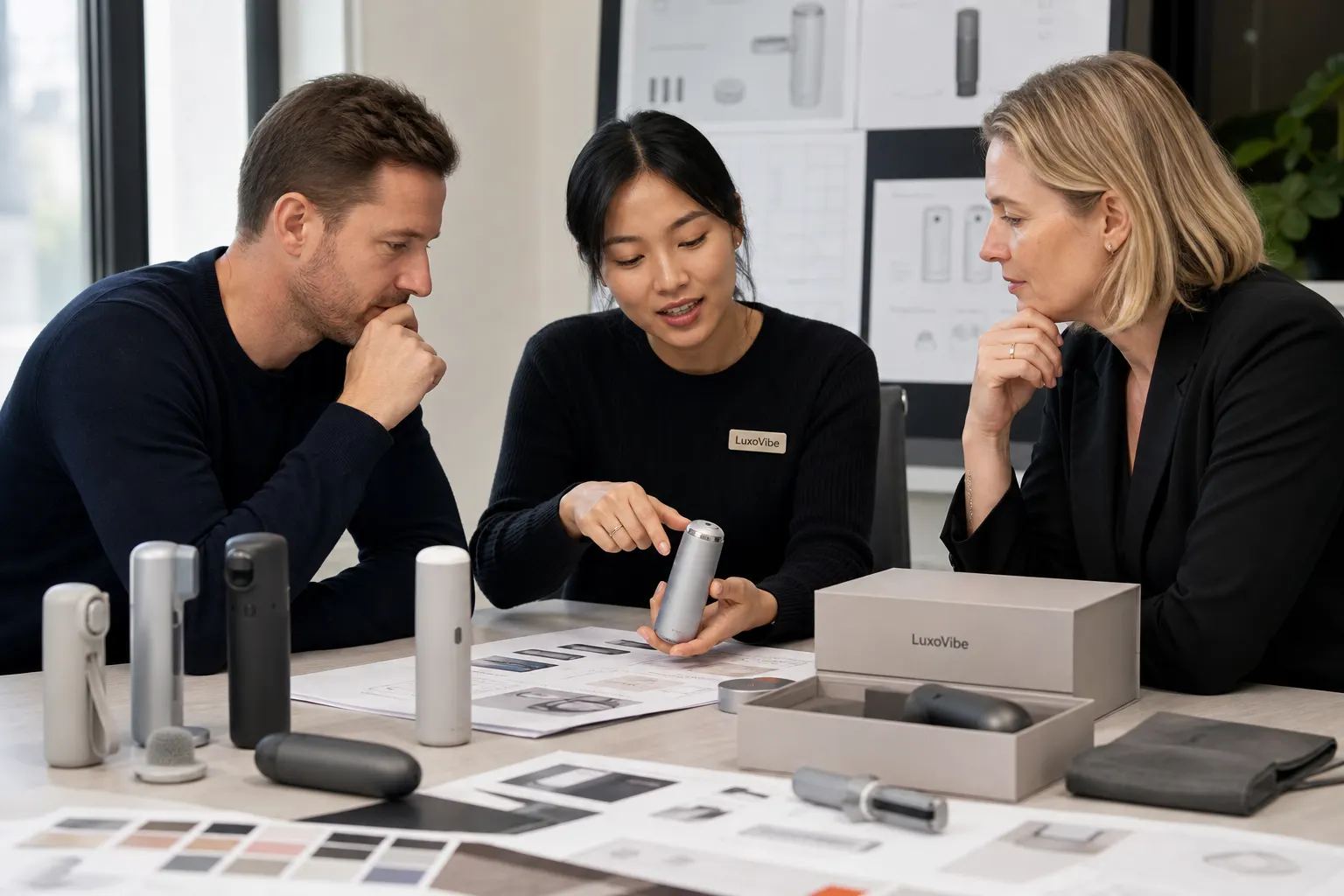 LuxoVibe team reviewing product samples and packaging with clients