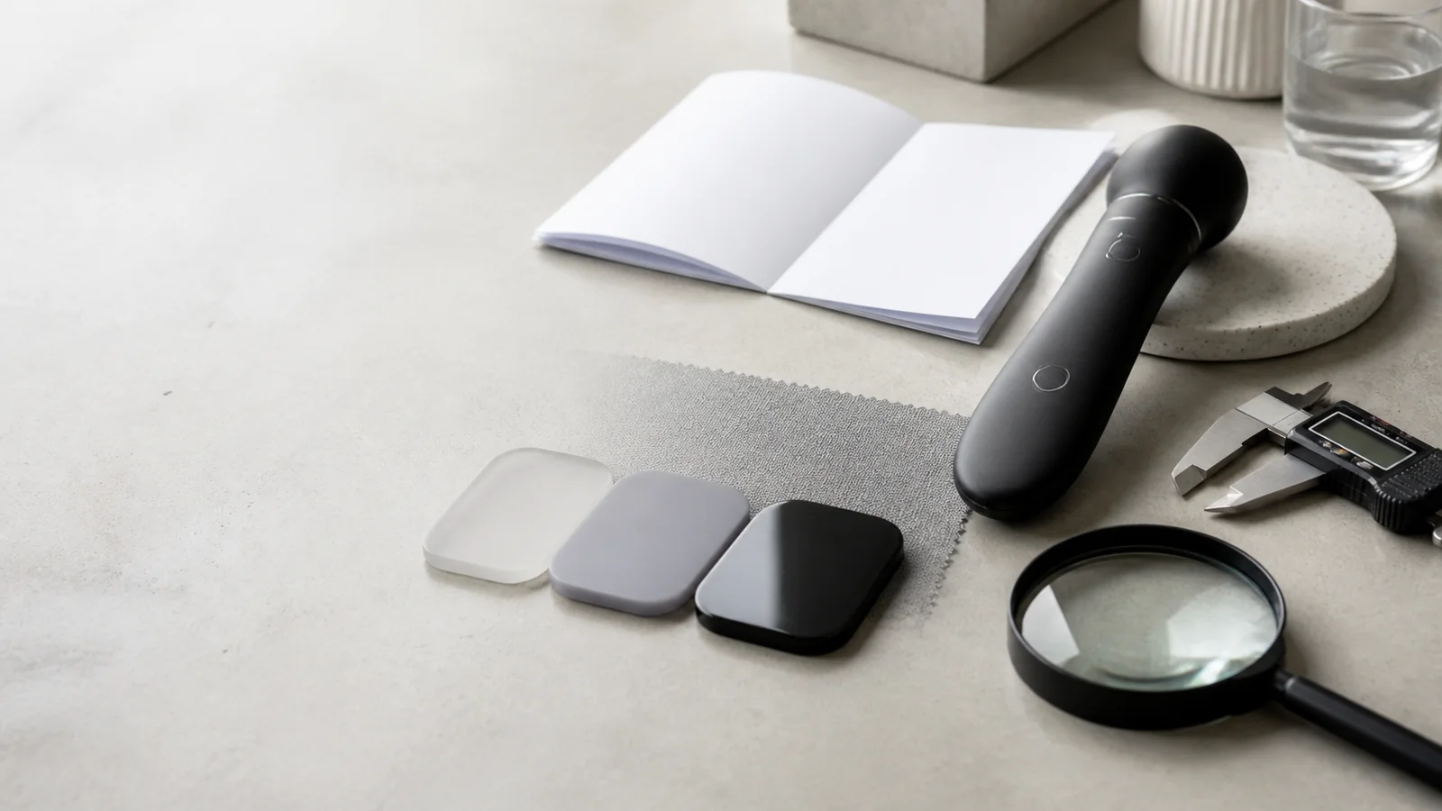 Material swatches, calipers, a magnifying lens, and a personal wellness product set out for an information review.