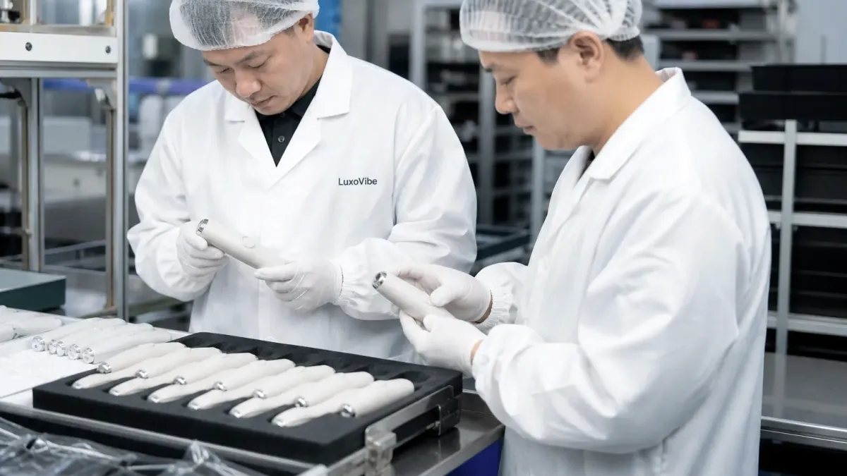 An Asian adult quality technician inspecting unbranded consumer-wellness packaging at a clean workbench.