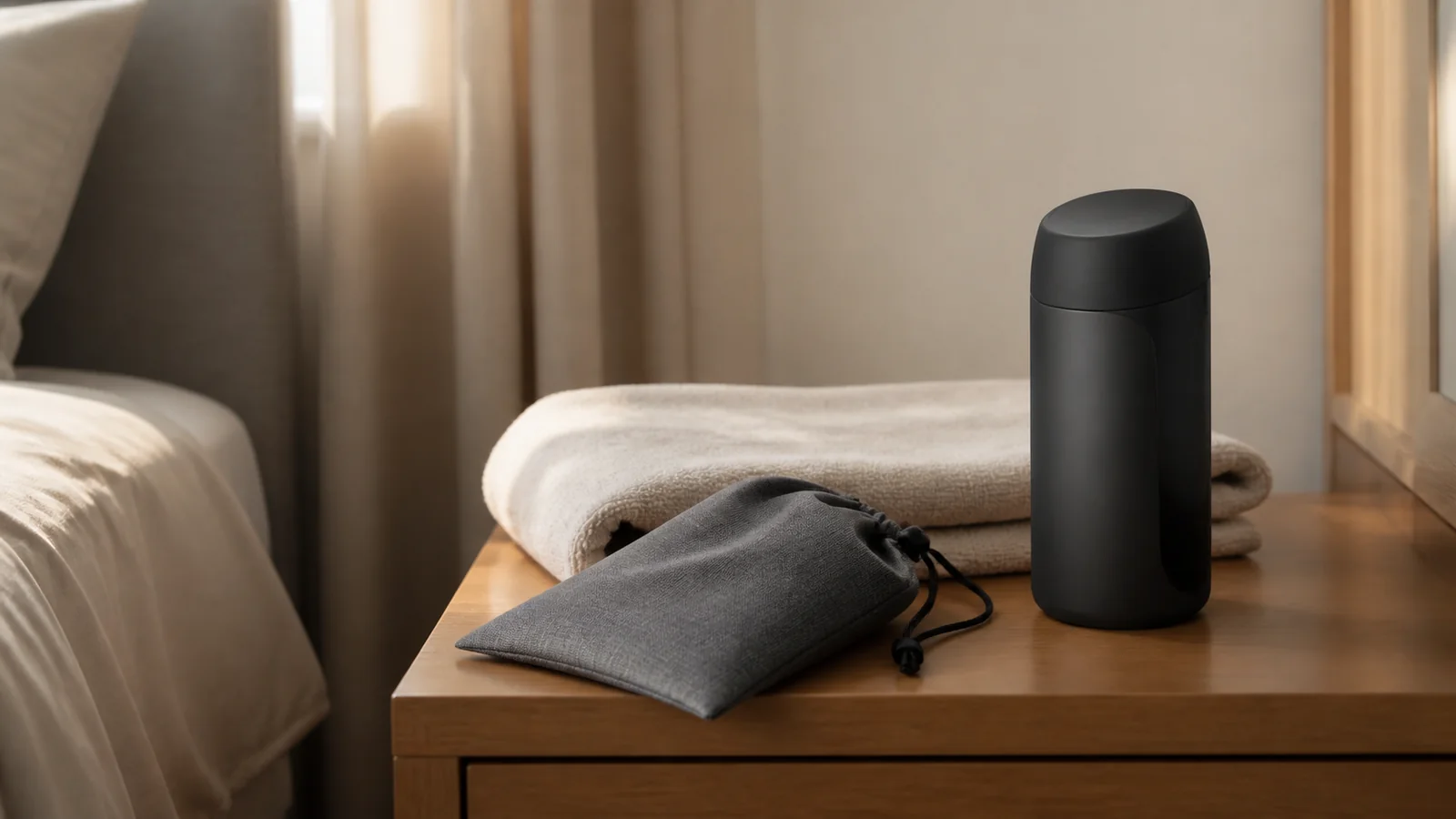A compact automatic wellness device with a storage pouch on a bedside cabinet in soft morning light.