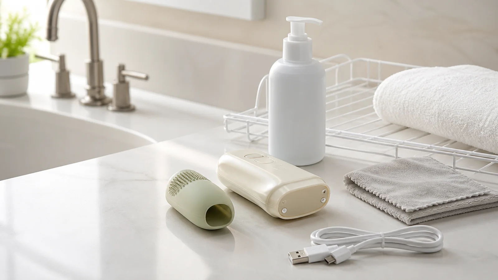 A compact electronic wellness device, removable soft component, gentle cleanser, cloth, and dry charging cable on a clean bathroom counter.