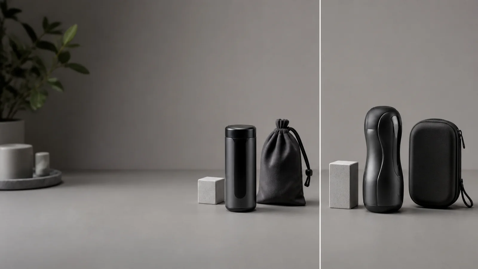 Two differently shaped automatic wellness devices with plain pouches and size-reference blocks in a product review studio.