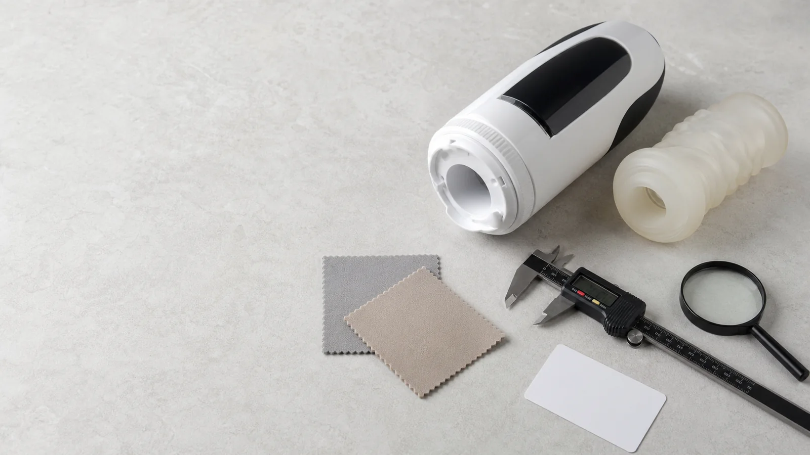 A personal wellness device with a removable component, material swatches, calipers, magnifying lens, and plain care card.