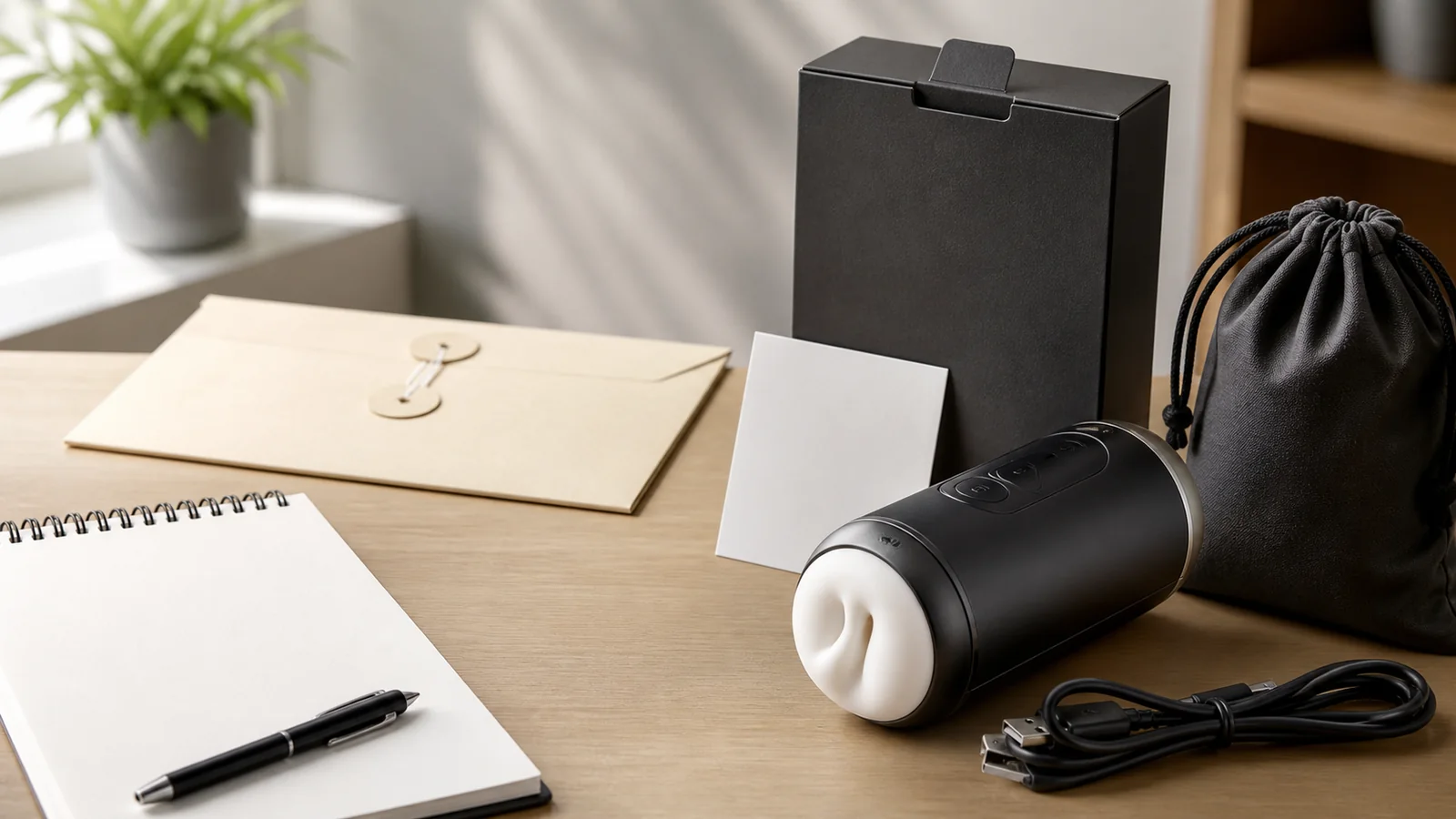 A compact automatic wellness device, plain package, delivery envelope, and notebook arranged for a considered buying decision.
