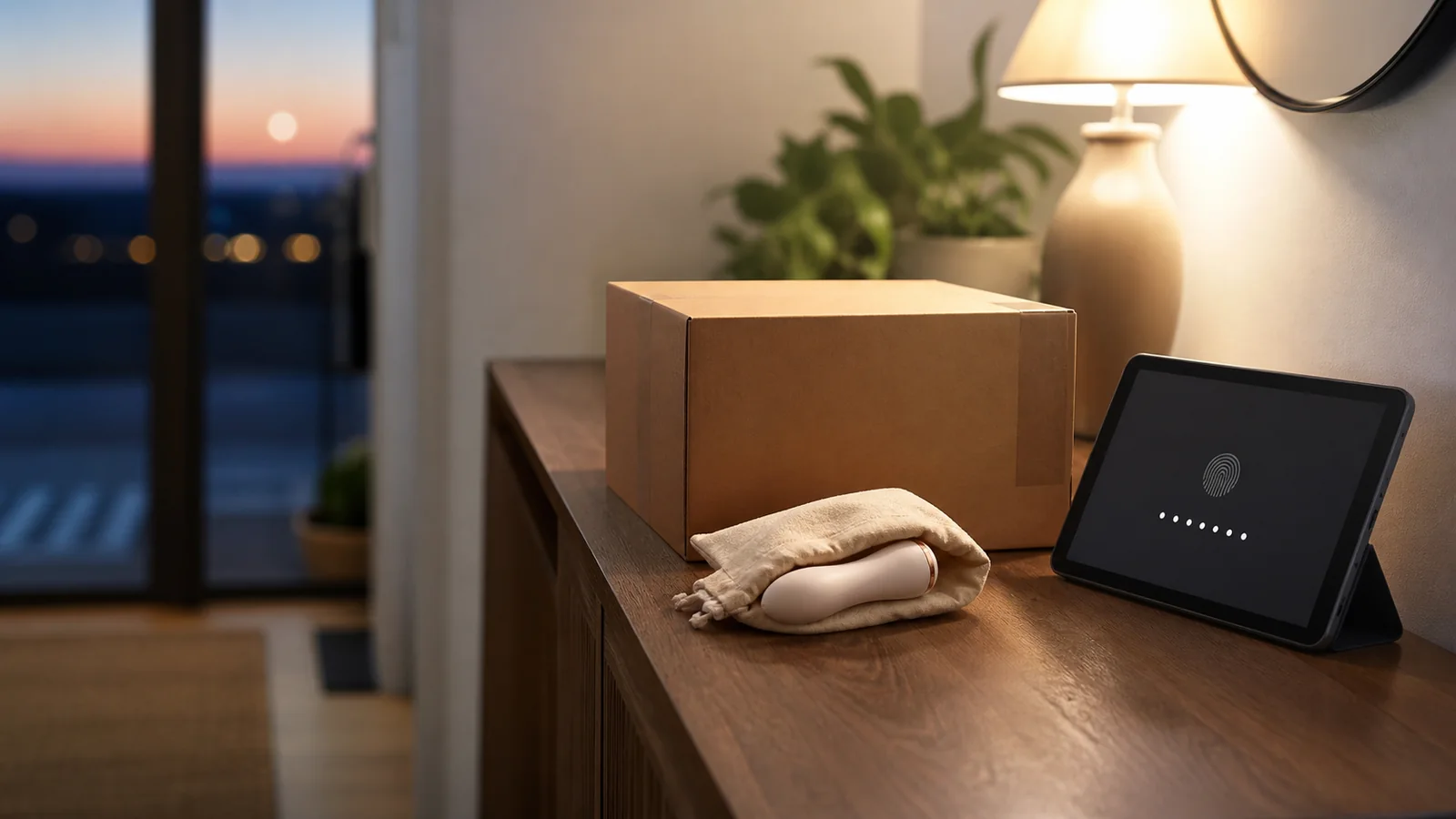 A plain parcel, unbranded pouch, compact wellness device, and anonymous privacy screen on a warmly lit entry console.