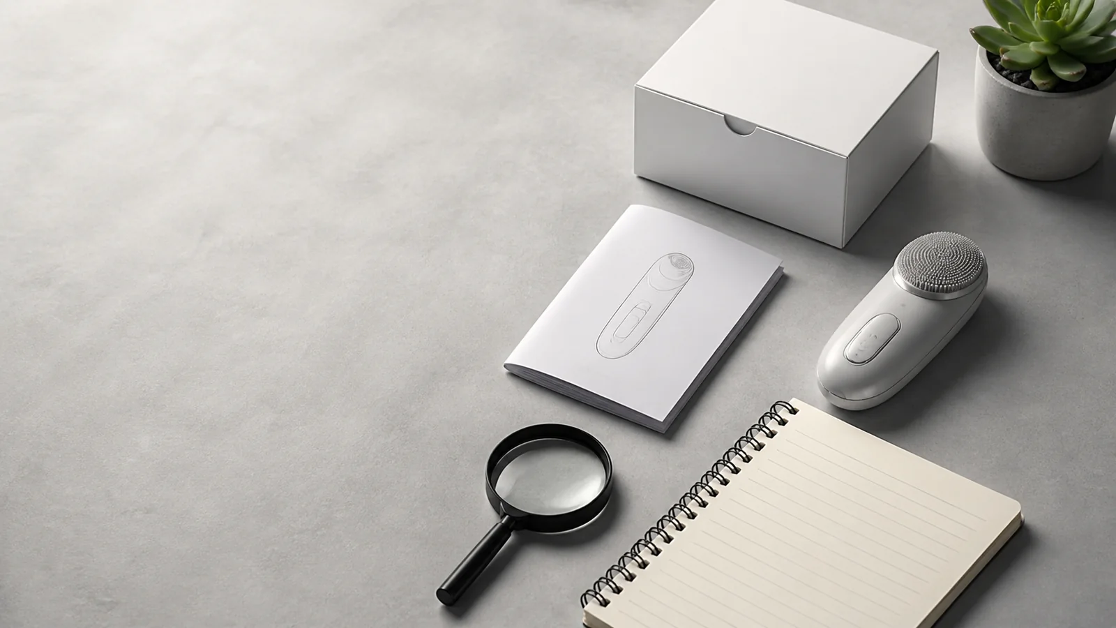 A compact wellness device, plain manual, blank notebook, packaging, and magnifying glass arranged for a product review check.