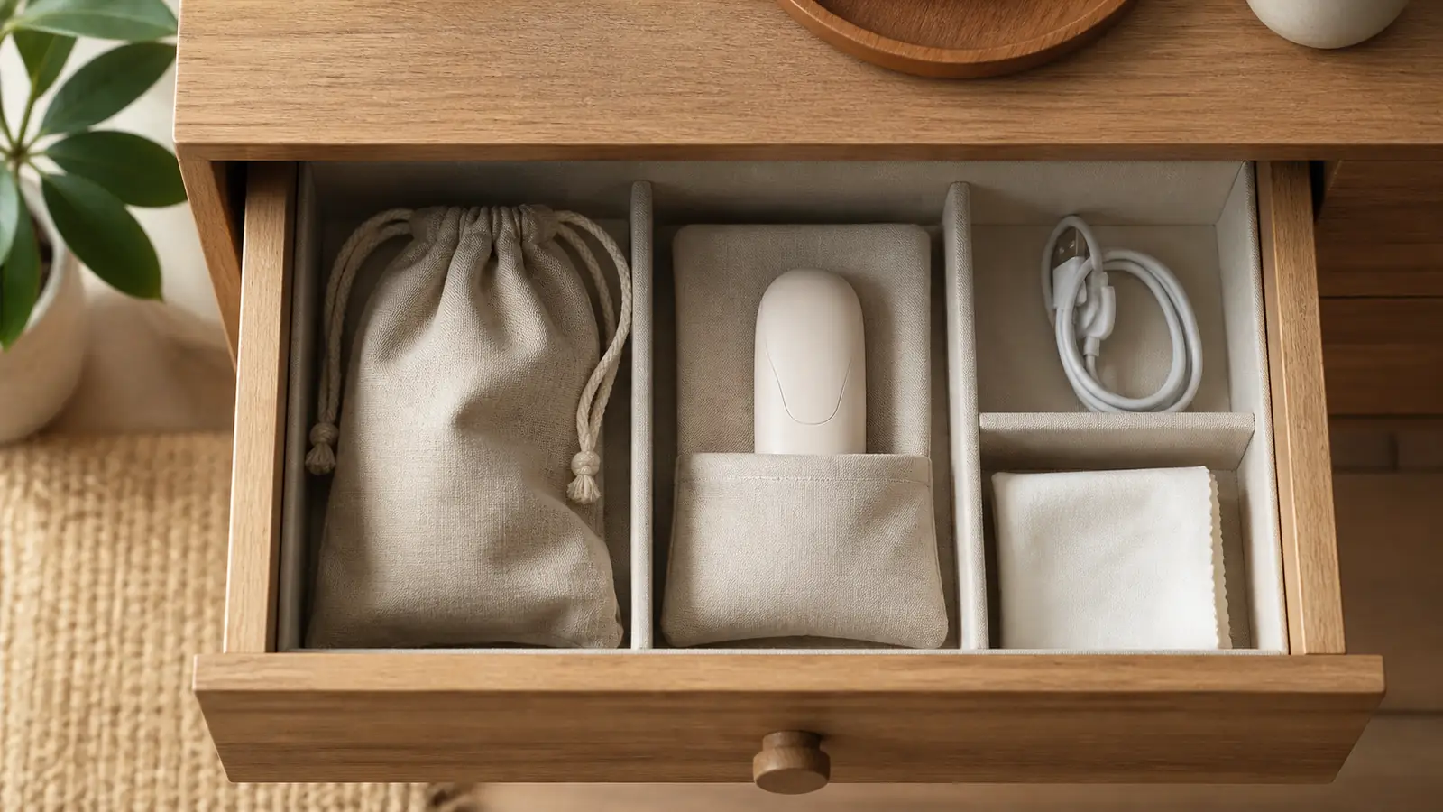 A compact personal wellness device, pouch, cable, and care cloth organized in a divided wooden drawer.