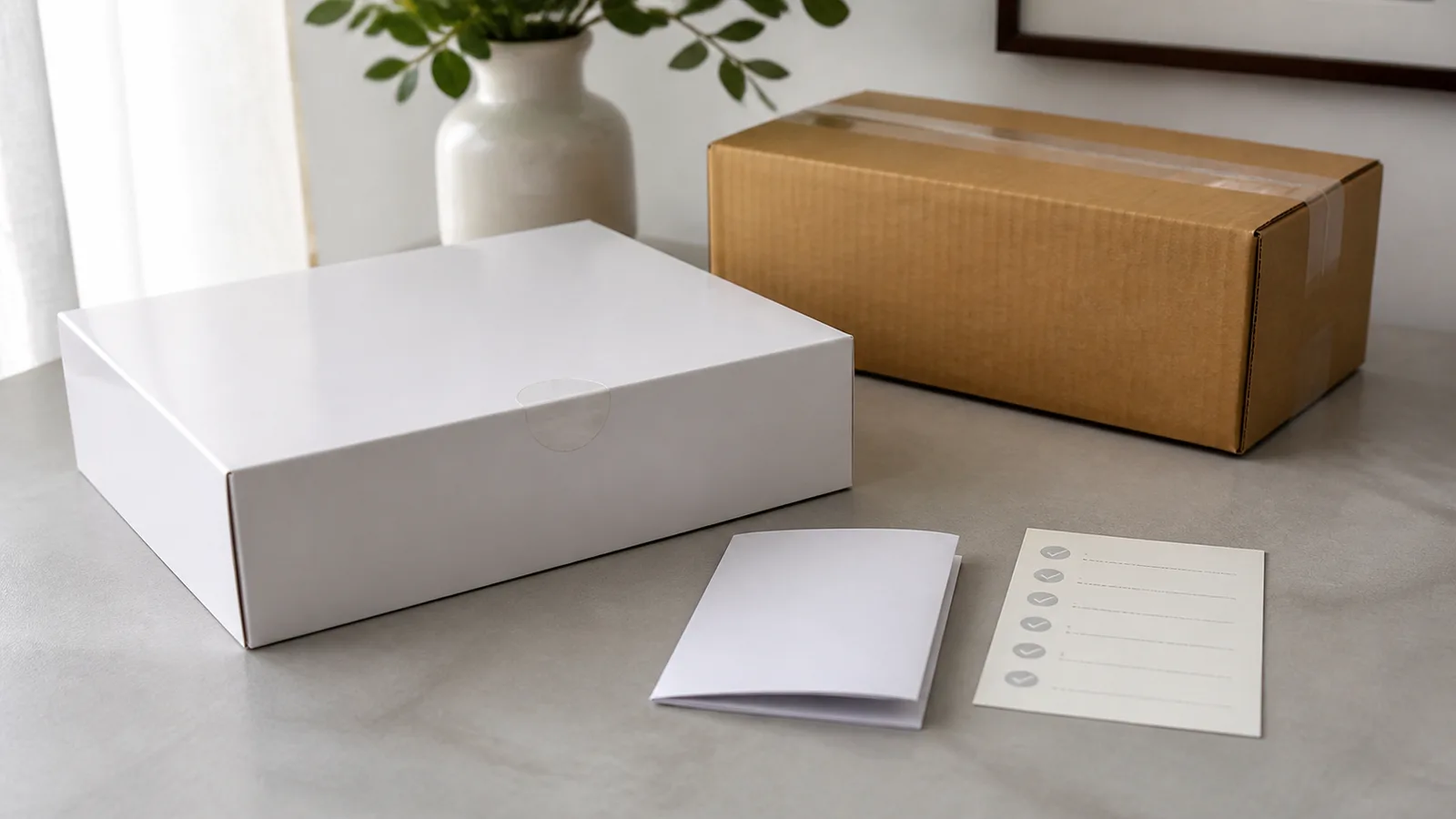 An unopened plain parcel, automatic personal wellness product box, manual, and order checklist on a clean neutral desk.