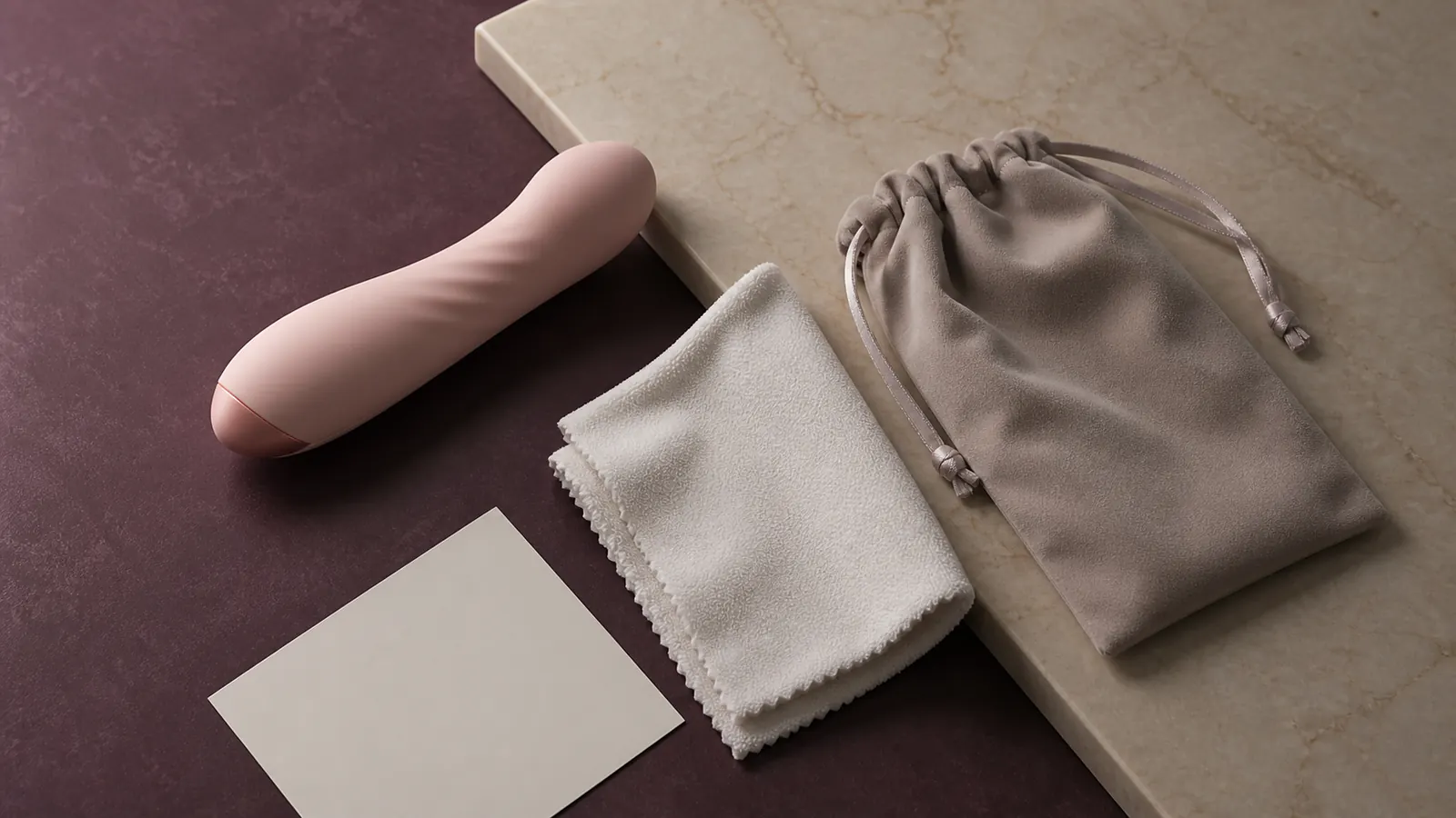 A personal wellness device, care cloth, and travel pouch arranged for a first-purchase care checklist.