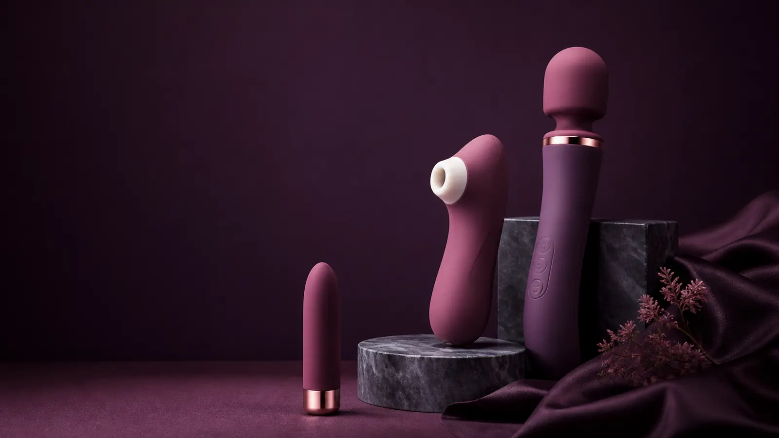 A bullet vibrator, suction device, and wand-style wellness product in a premium product comparison setting.