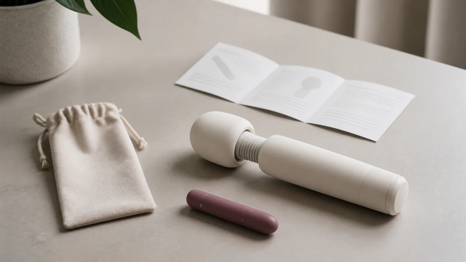 A small bullet-shaped device and a larger rounded massage wand arranged separately with a plain care pouch.
