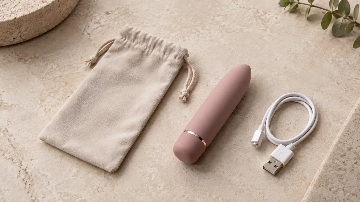 Close inspection view of an unbranded compact bullet-shaped wellness device, plain pouch, and charging cable in a clean product-record setting.