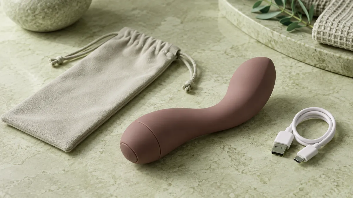 Close product view of an unbranded curved personal-wellness device on a warm neutral surface.