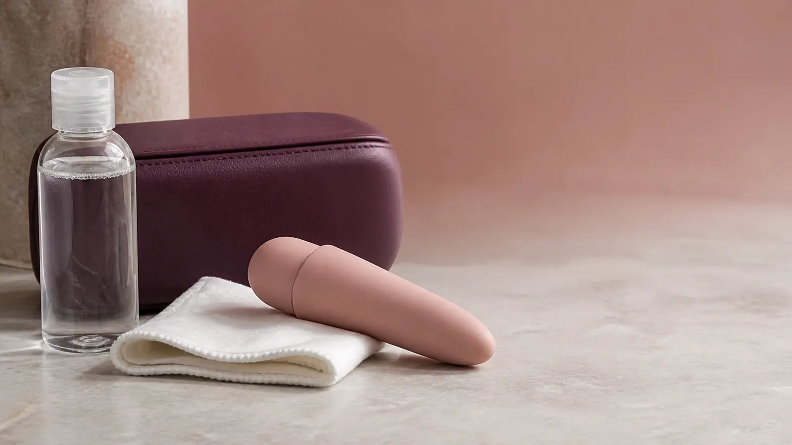 A clean silicone wellness device beside a water-based lubricant bottle and soft care cloth.
