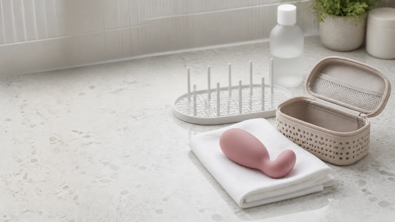 A personal wellness device, cloth, storage pouch, and gentle cleaner arranged for routine care.