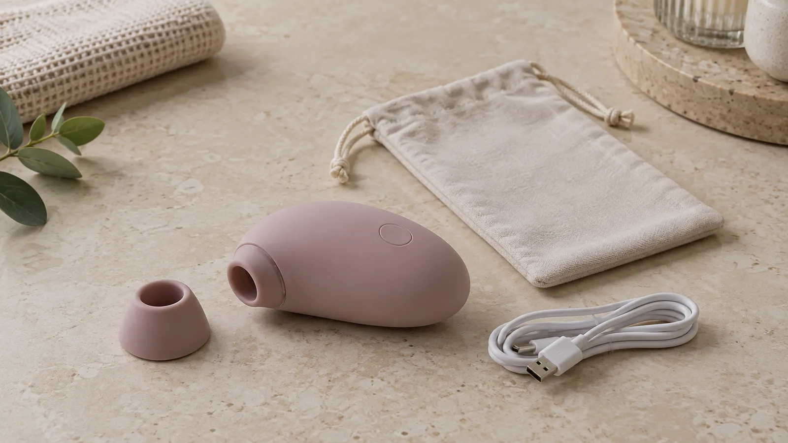 Unbranded compact personal-wellness device, plain storage pouch, detachable circular component, and USB cable on a warm neutral tabletop.