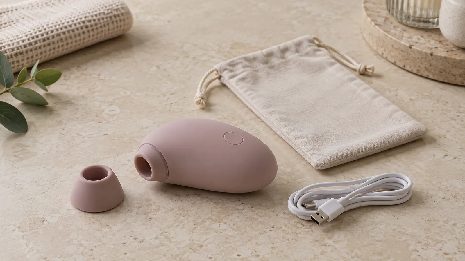 Unbranded compact personal-wellness device, plain storage pouch, detachable circular component, and USB cable on a warm neutral tabletop.