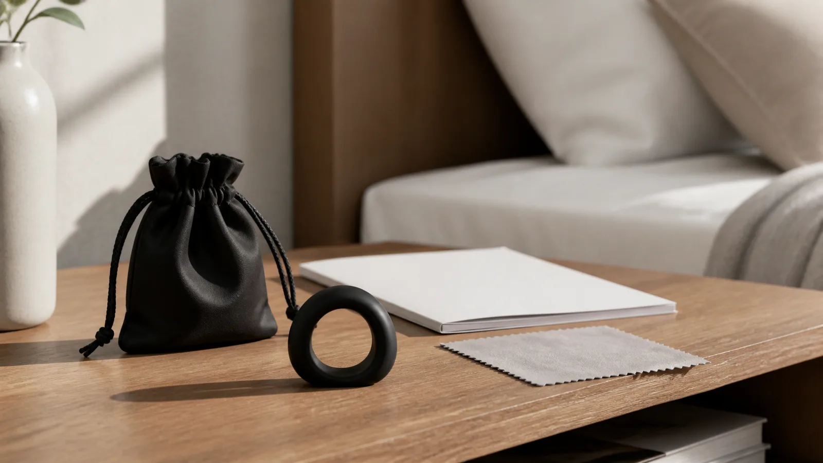 A plain adjustable personal wellness ring, measuring tape, care pouch, and unbranded instruction card on a neutral surface.