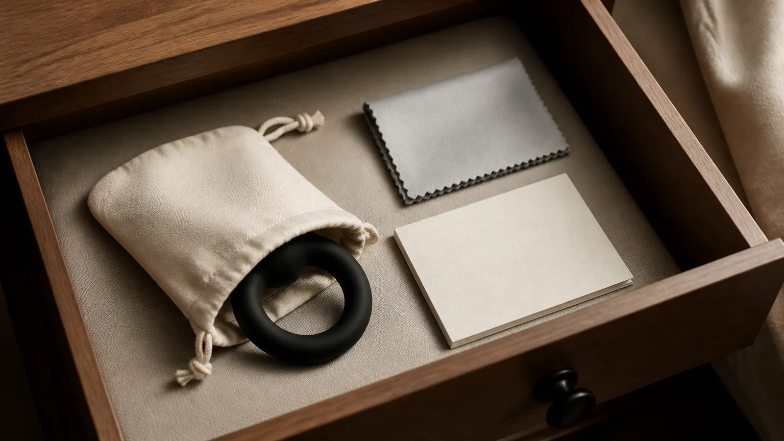 Two unbranded flexible personal wellness rings, a care pouch, and a plain instruction card on a neutral studio surface.