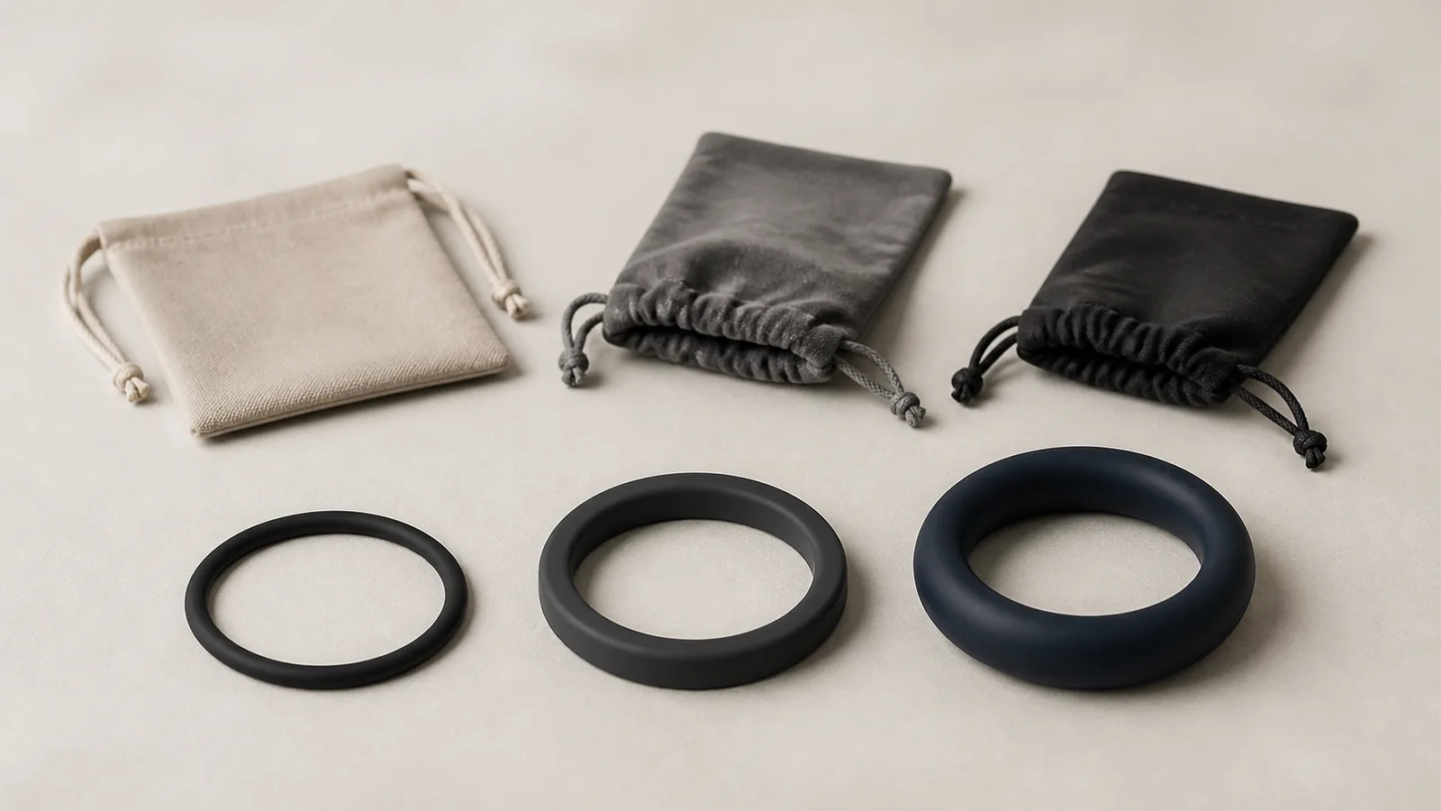Three unbranded adult ring styles arranged side by side for a product comparison.