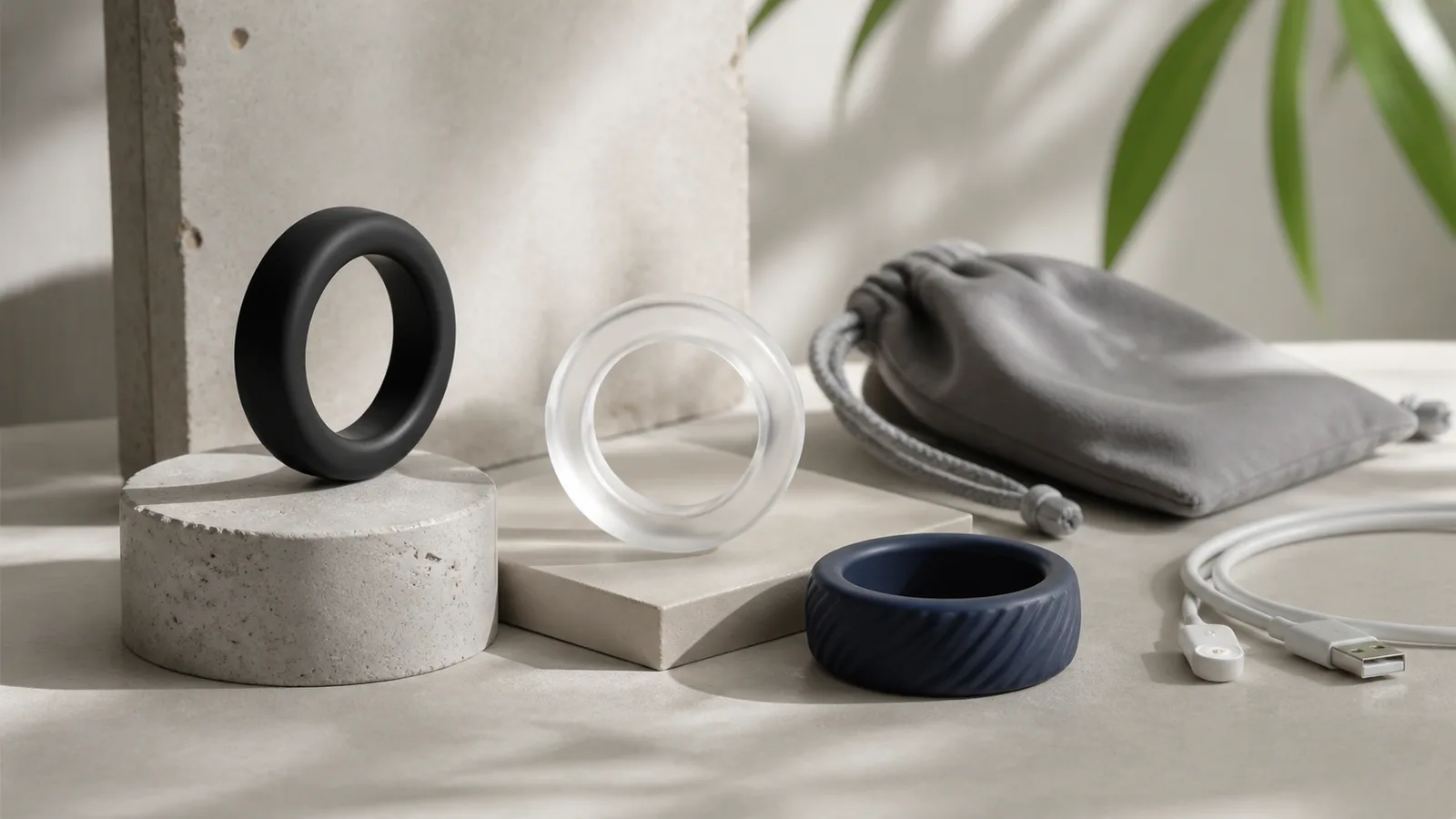Three unbranded cock ring styles beside a measuring tape on a neutral surface.