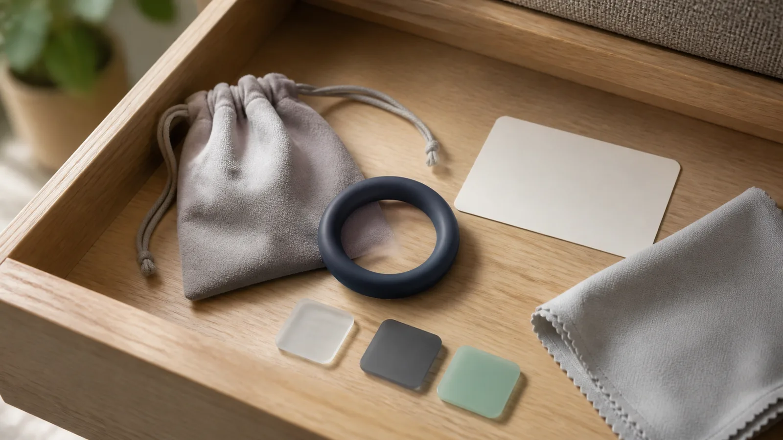 Material reference items, a small unbranded wellness product, and a magnifying lens arranged for a documented product check.