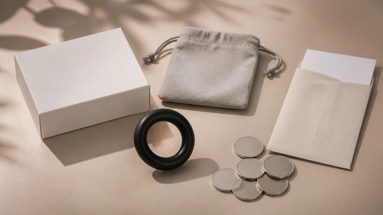 Unbranded adult-product packaging and product accessories arranged for a price comparison on a wooden tabletop.