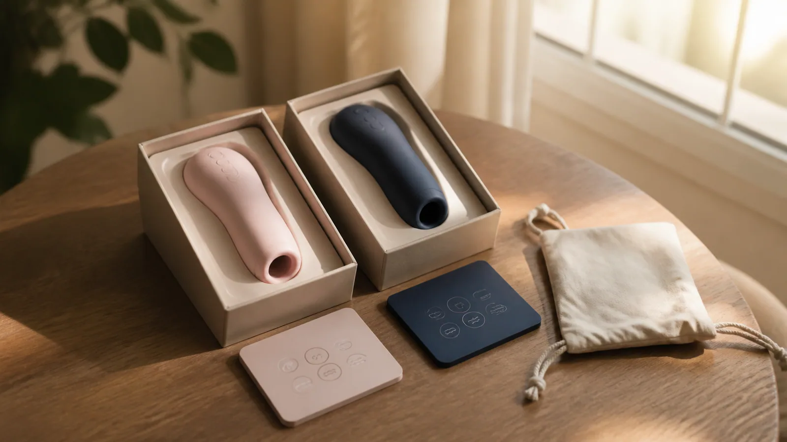 Two compact unbranded wellness products, plain boxes, a soft pouch, and instruction cards on a warm neutral tabletop.