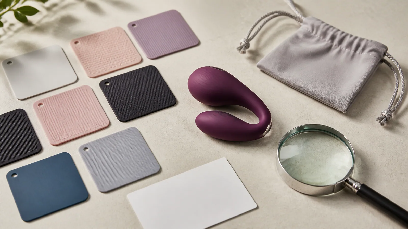Material swatches, a plain unbranded wellness product, a care card, and a magnifier arranged for a materials review.