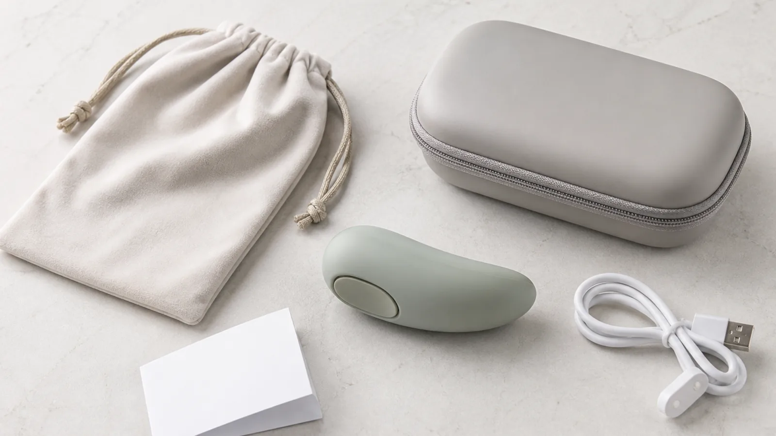 A close crop of clean unbranded accessories, a fabric pouch, and a simple care layout with no readable labels or logos.