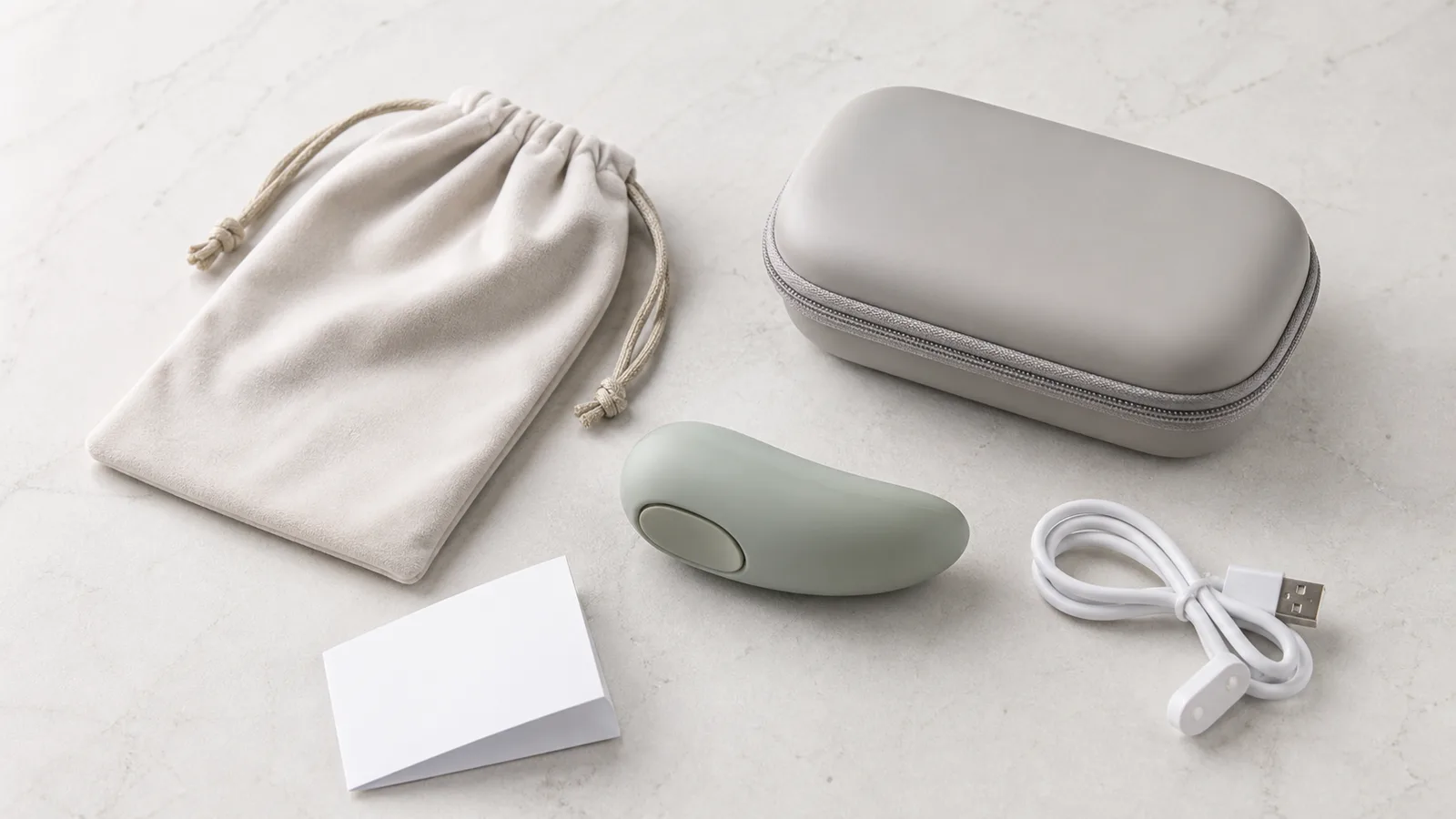 Neutral unbranded wellness-product components, a plain care card, and a soft pouch arranged for an educational material-information review.