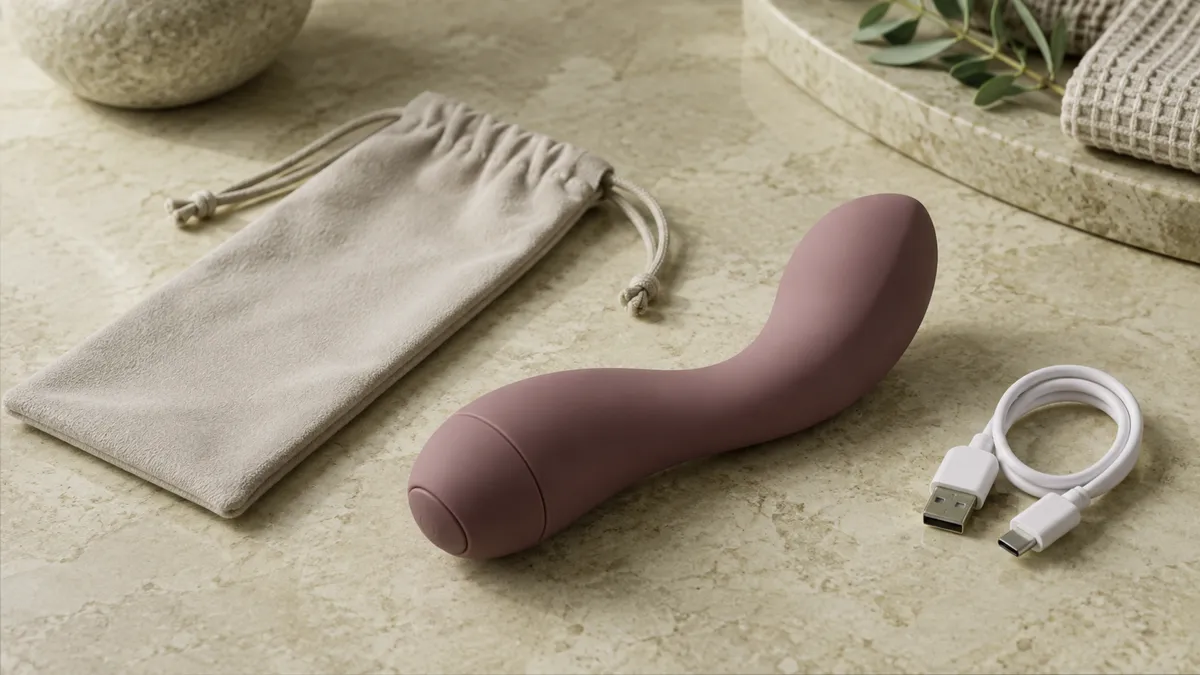 Close product view of an unbranded curved personal-wellness device on a warm neutral surface.