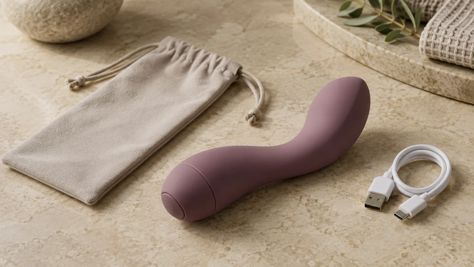 Unbranded curved personal-wellness device with a blank storage pouch and charging cable on a warm neutral surface.