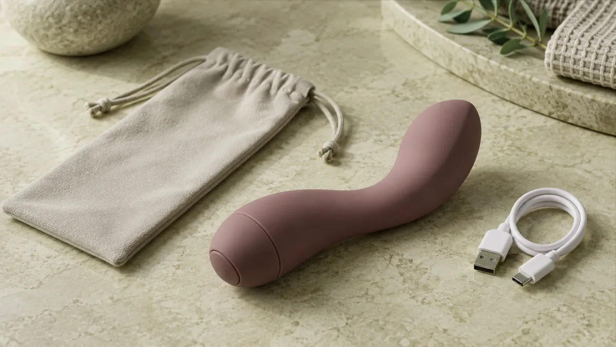 Close product view of an unbranded curved personal-wellness device on a warm neutral surface.