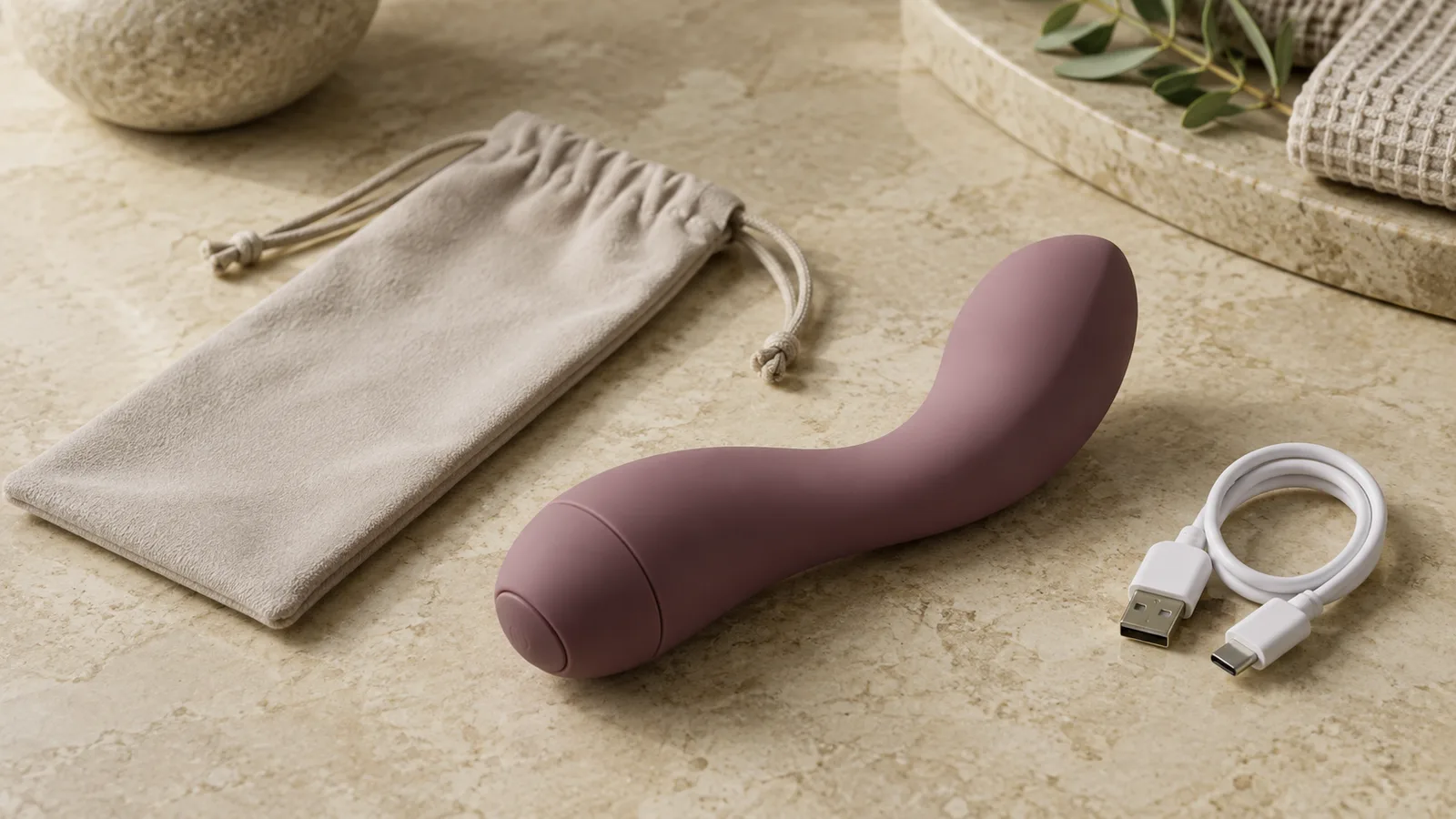 Unbranded curved personal-wellness device with a blank storage pouch and charging cable on a warm neutral surface.
