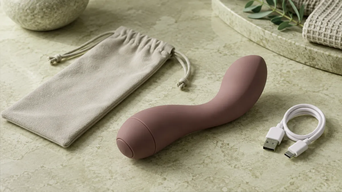 Close product view of an unbranded curved personal-wellness device on a warm neutral surface.