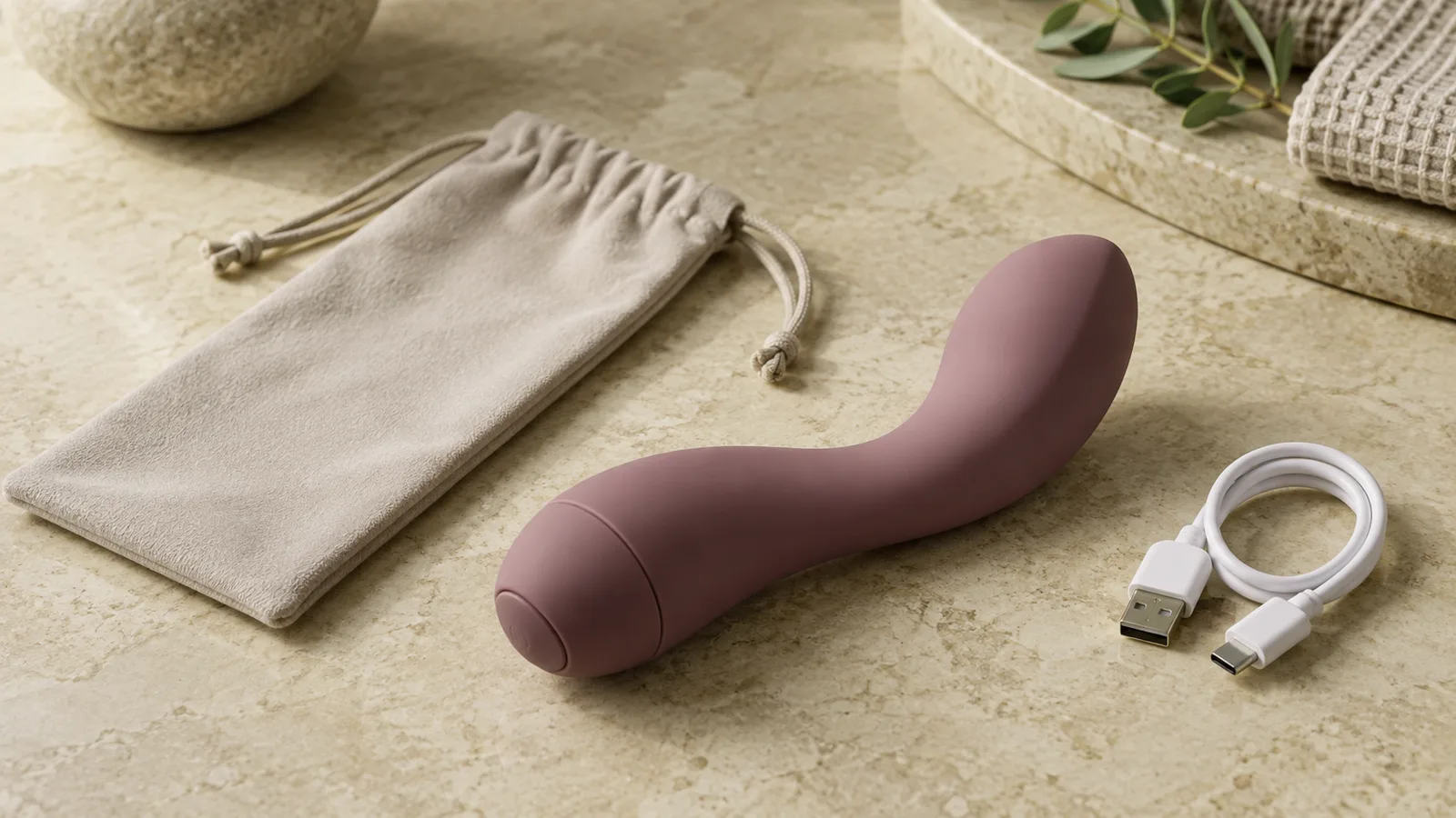 Unbranded curved personal-wellness device with a blank storage pouch and charging cable on a warm neutral surface.
