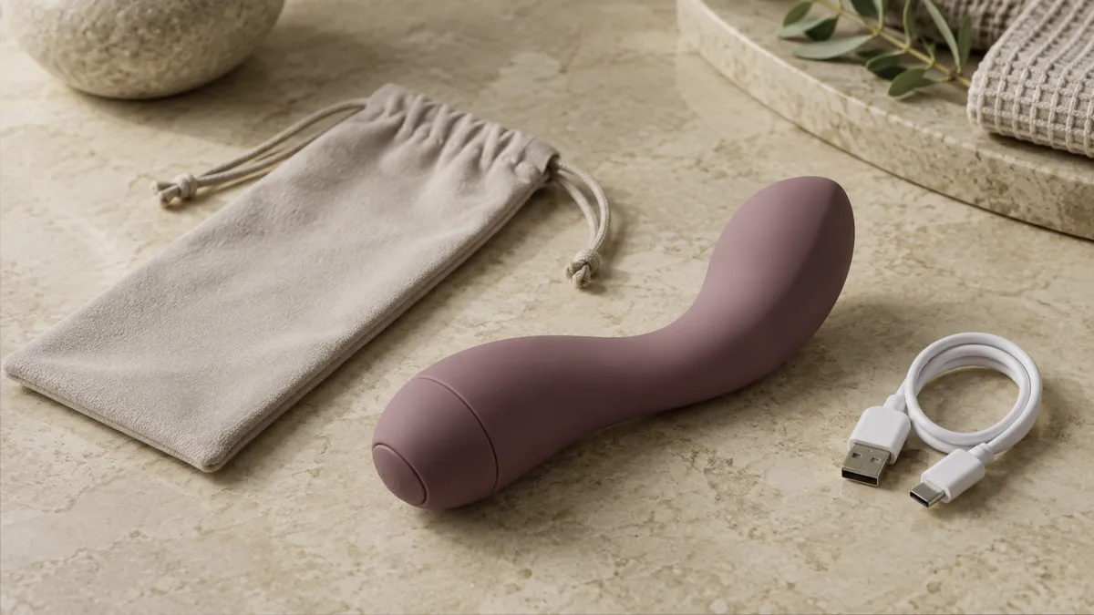 Close product view of an unbranded curved personal-wellness device on a warm neutral surface.
