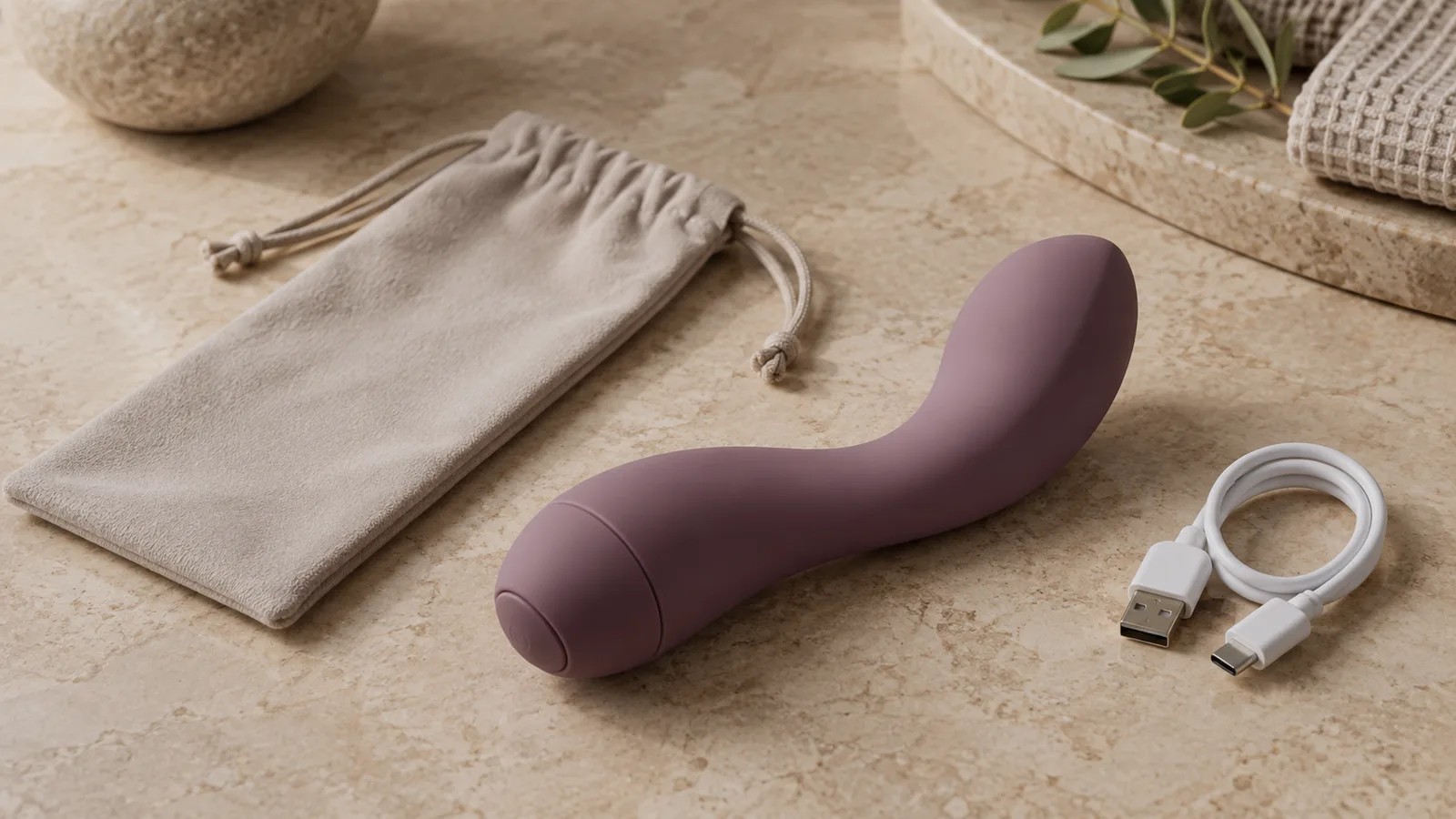 Unbranded curved personal-wellness device with a blank storage pouch and charging cable on a warm neutral surface.