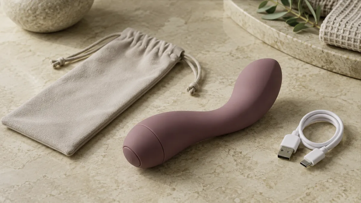 Close product view of an unbranded curved personal-wellness device on a warm neutral surface.