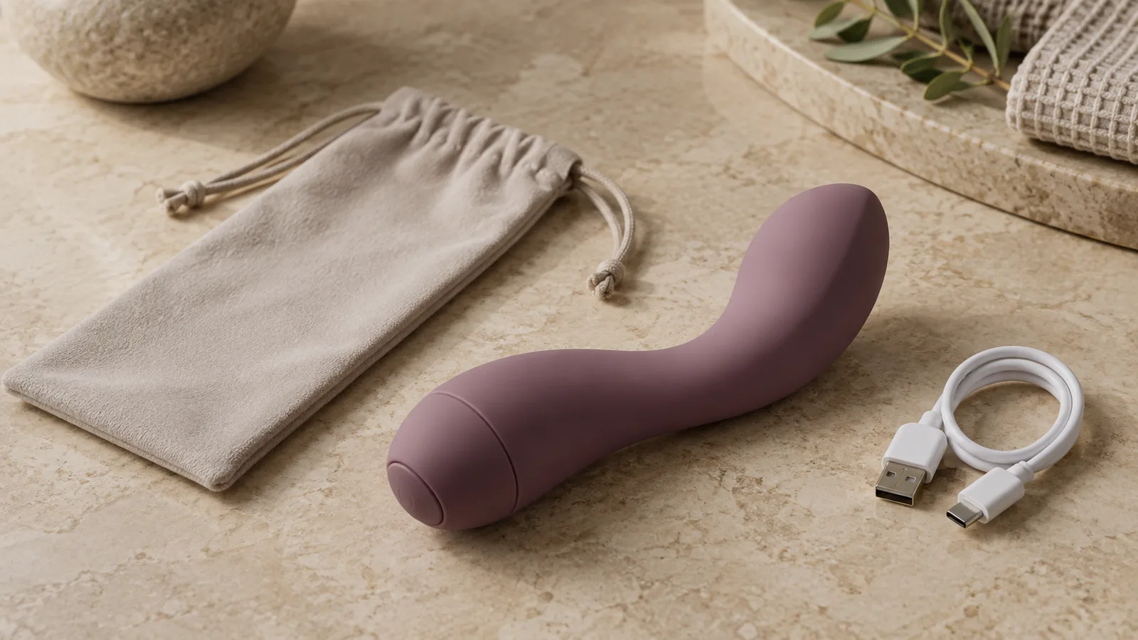 Unbranded curved personal-wellness device with a blank storage pouch and charging cable on a warm neutral surface.