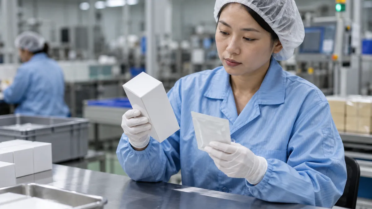 Asian adult quality technician checking unbranded sealed wellness-product packaging.