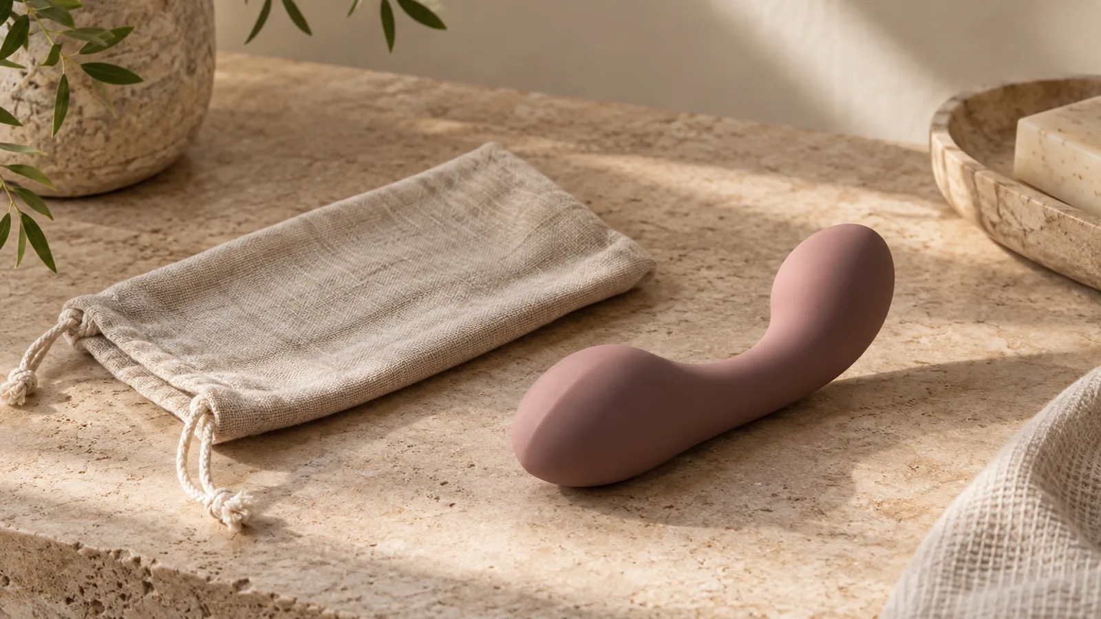 Unbranded abstract adult-wellness product beside a neutral fabric pouch on a warm stone tabletop.