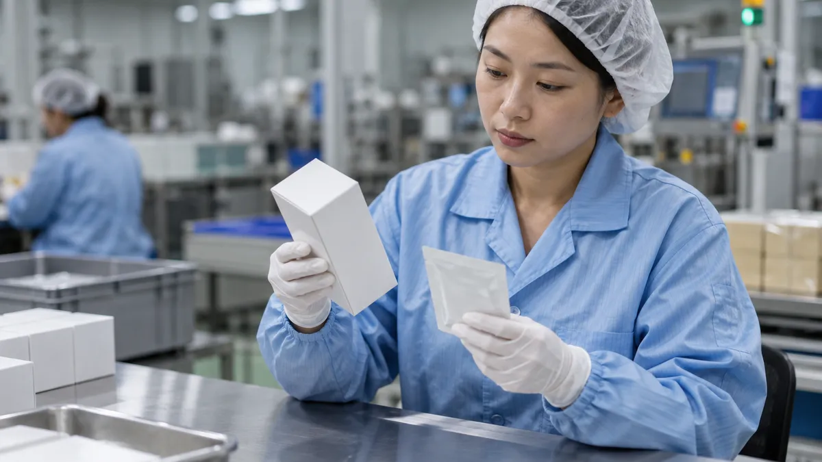 Asian adult quality technician checking unbranded sealed wellness-product packaging.