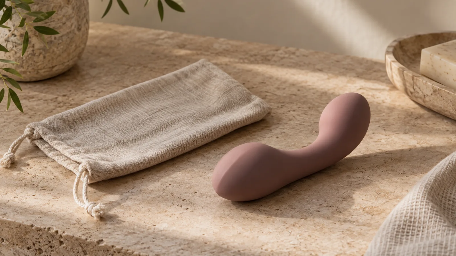 Unbranded abstract adult-wellness product beside a neutral fabric pouch on a warm stone tabletop.