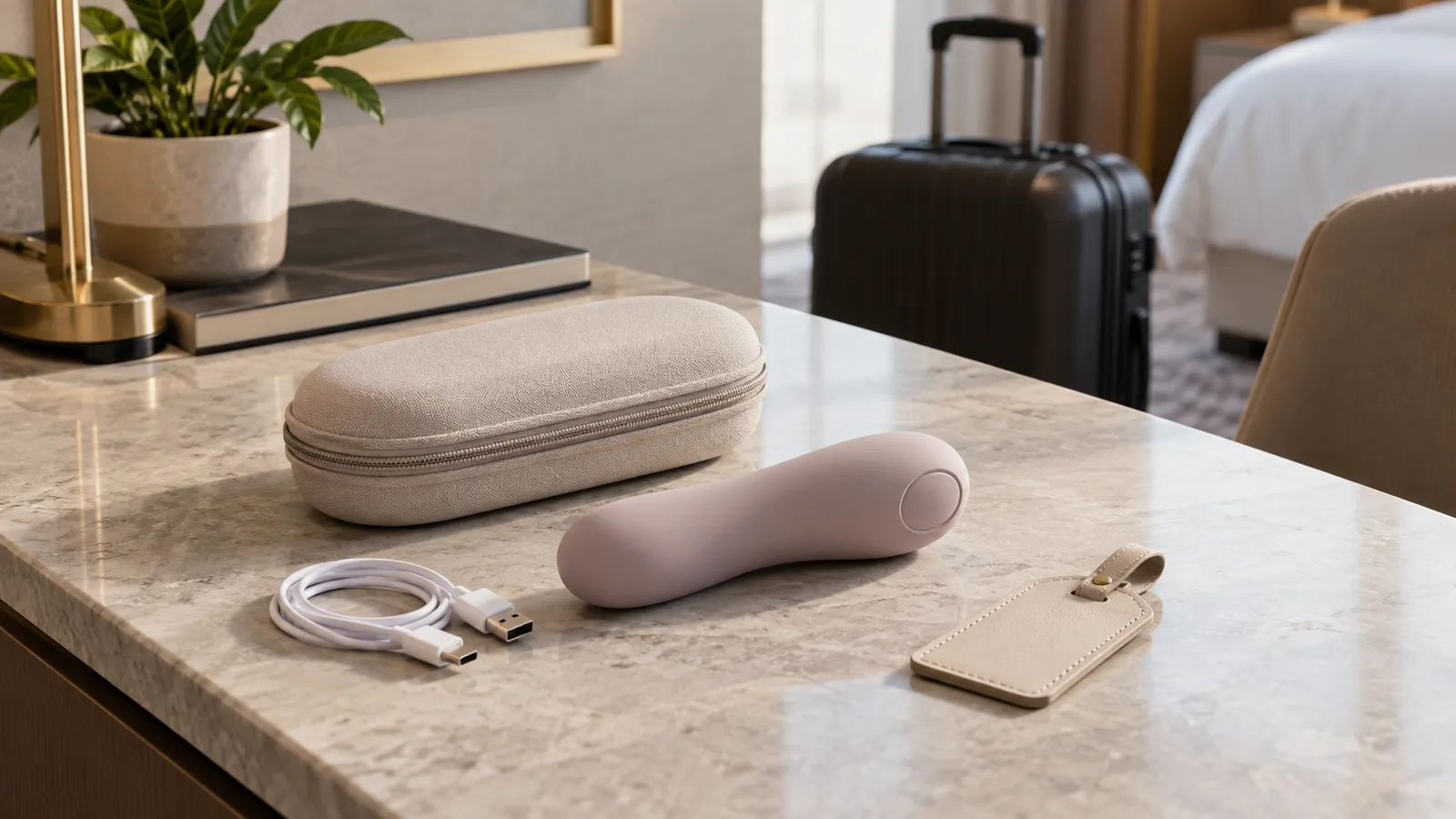 Unbranded compact personal-wellness product with a neutral travel case and charging cable on a hotel desk.