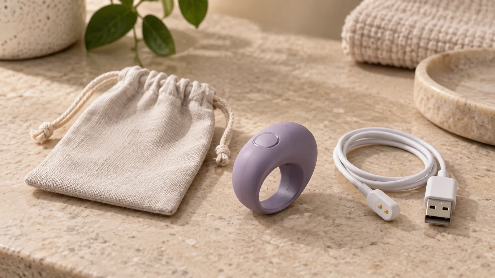 Unbranded compact finger-worn personal-wellness device with plain pouch and USB cable on a neutral tabletop.