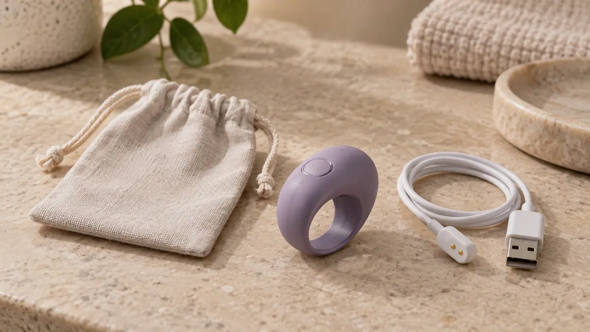 Close view of an unbranded compact finger-worn personal-wellness device, pouch, and charging cable in a product-inspection scene.