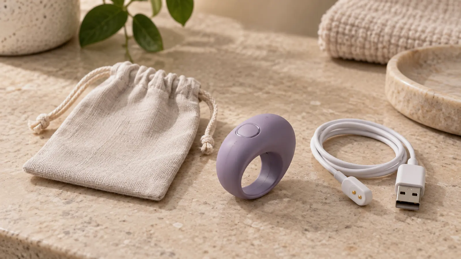 Unbranded compact finger-worn personal-wellness device with plain pouch and USB cable on a neutral tabletop.